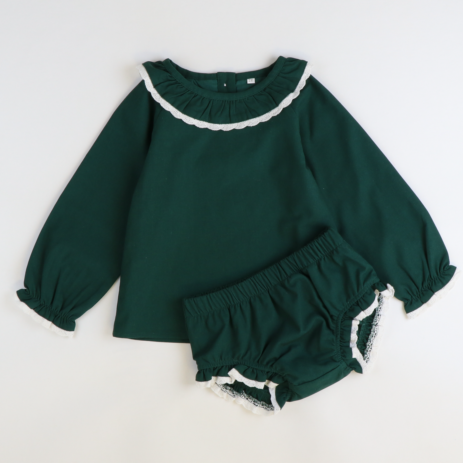 Dark Green & Cream Linen Top & Bloomer Set
