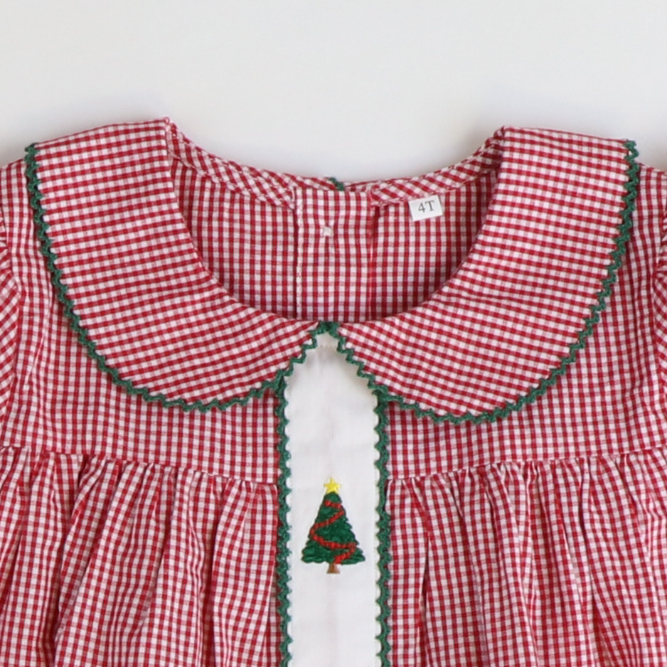 Embroidered Christmas Trees Collared Dress - Holiday Red Mini Gingham