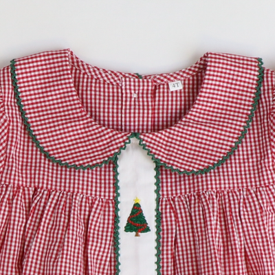 Embroidered Christmas Trees Collared Dress - Holiday Red Mini Gingham