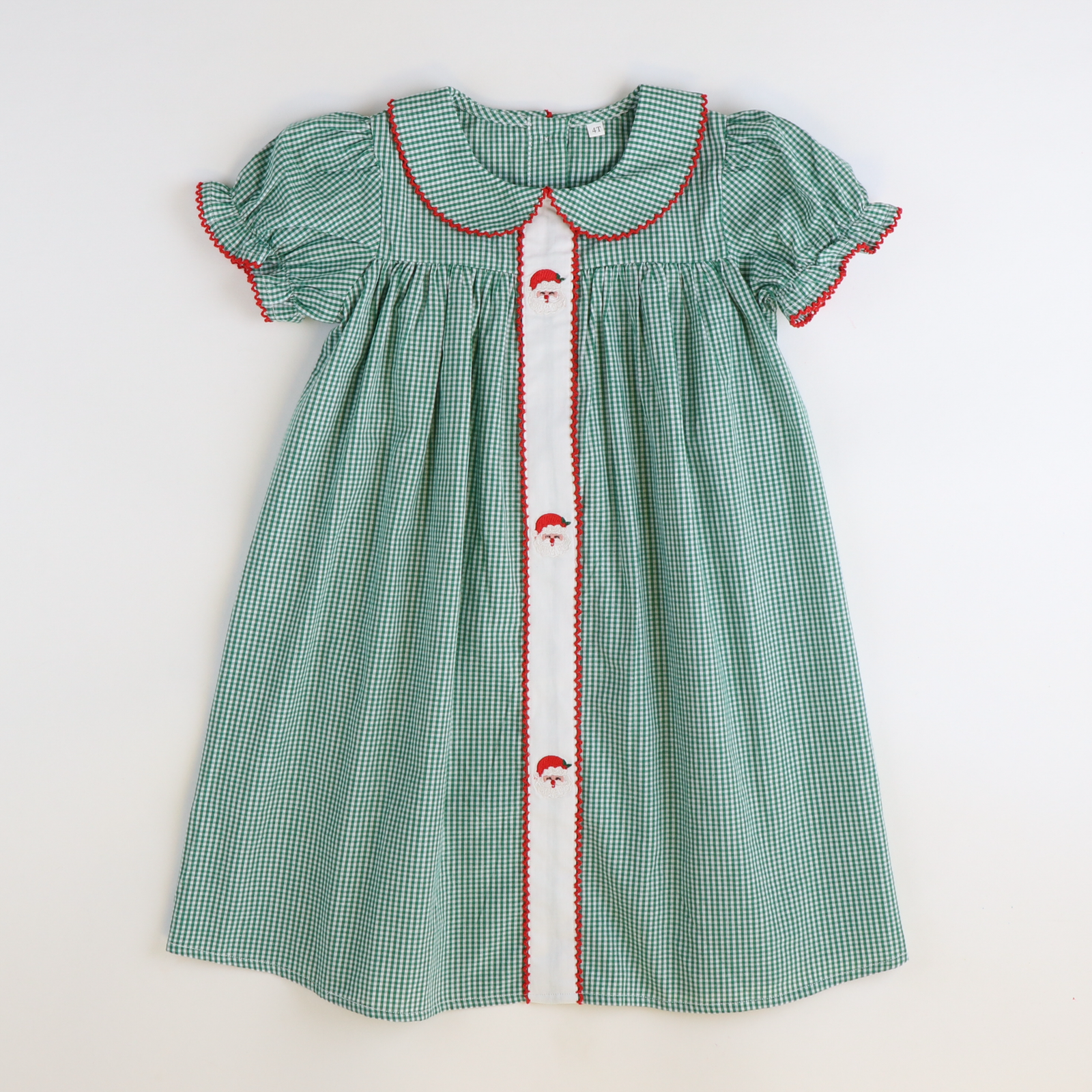 Embroidered Santa Collared Dress - Christmas Green Mini Gingham - Stellybelly