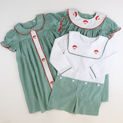 Embroidered Santa Short Set - Christmas Green Mini Gingham - Stellybelly