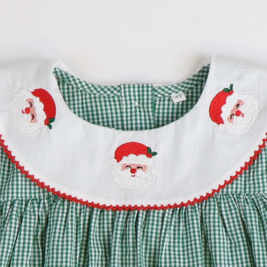 Embroidered Santa Bib Dress - Christmas Green Mini Gingham - Stellybelly