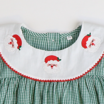 Embroidered Santa Bib Dress - Christmas Green Mini Gingham - Stellybelly