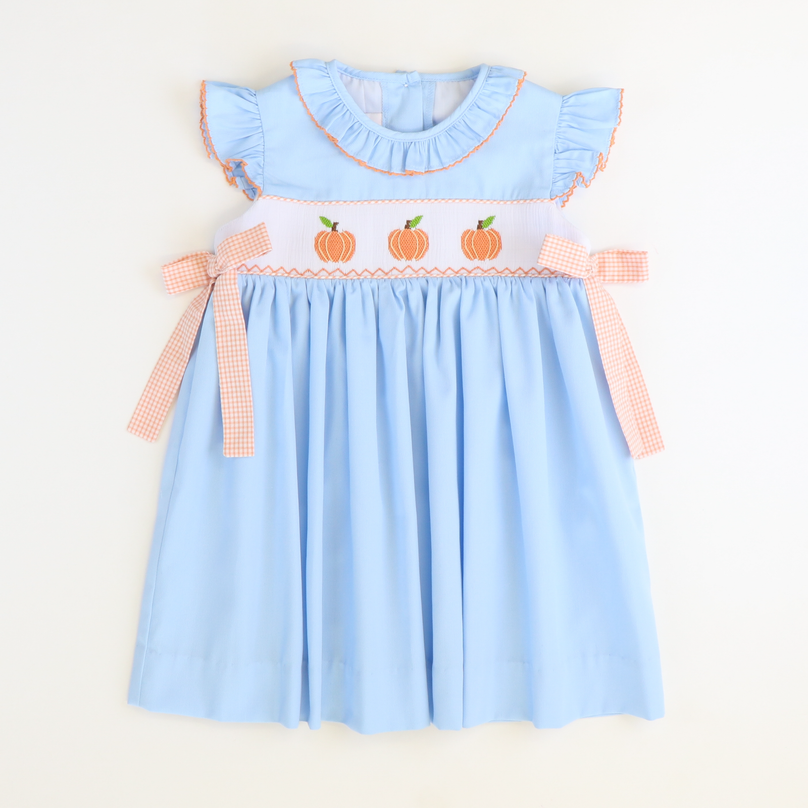 Smocked Pumpkins Ruffle Neck Dress - Light Blue Pique - Stellybelly