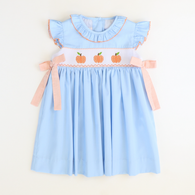 Smocked Pumpkins Ruffle Neck Dress - Light Blue Pique - Stellybelly