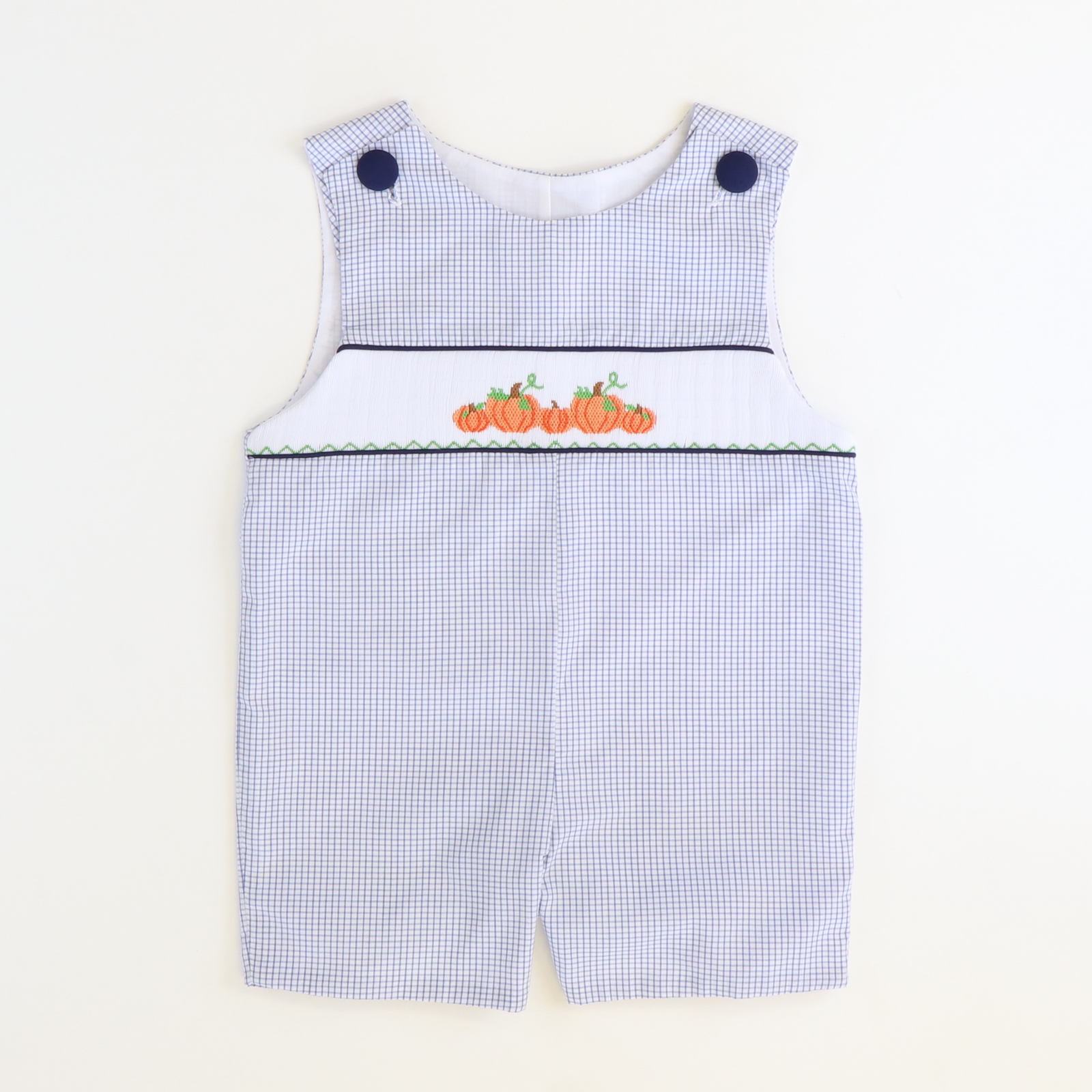 Smocked Pumpkin Patch Shortall - White & Navy Windowpaner - Stellybelly