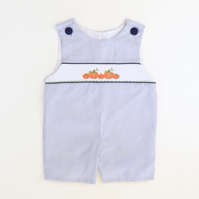 Smocked Pumpkin Patch Shortall - White & Navy Windowpaner - Stellybelly