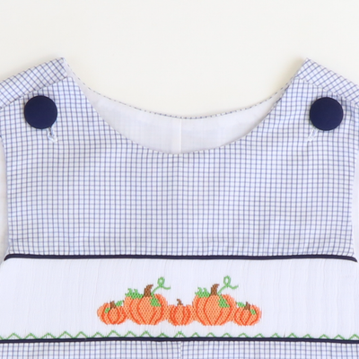 Smocked Pumpkin Patch Shortall - White & Navy Windowpaner - Stellybelly