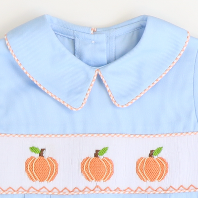 Smocked Pumpkins Collared Boy Bubble - Light Blue Pique - Stellybelly