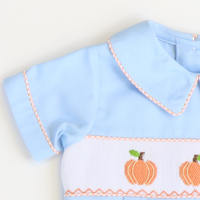 Smocked Pumpkins Collared Boy Bubble - Light Blue Pique - Stellybelly