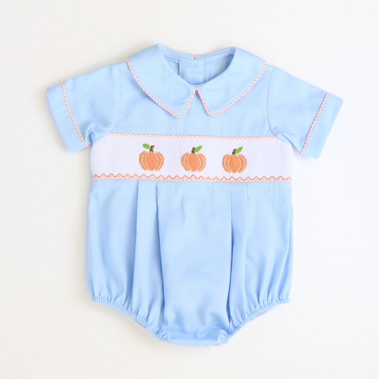 Smocked Pumpkins Collared Boy Bubble - Light Blue Pique - Stellybelly