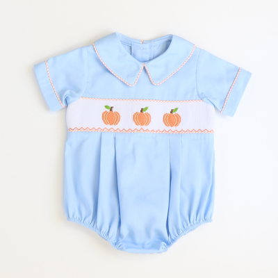 Smocked Pumpkins Collared Boy Bubble - Light Blue Pique - Stellybelly