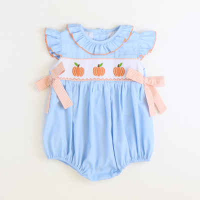 Smocked Pumpkins Ruffle Neck Girl Bubble - Light Blue Pique - Stellybelly