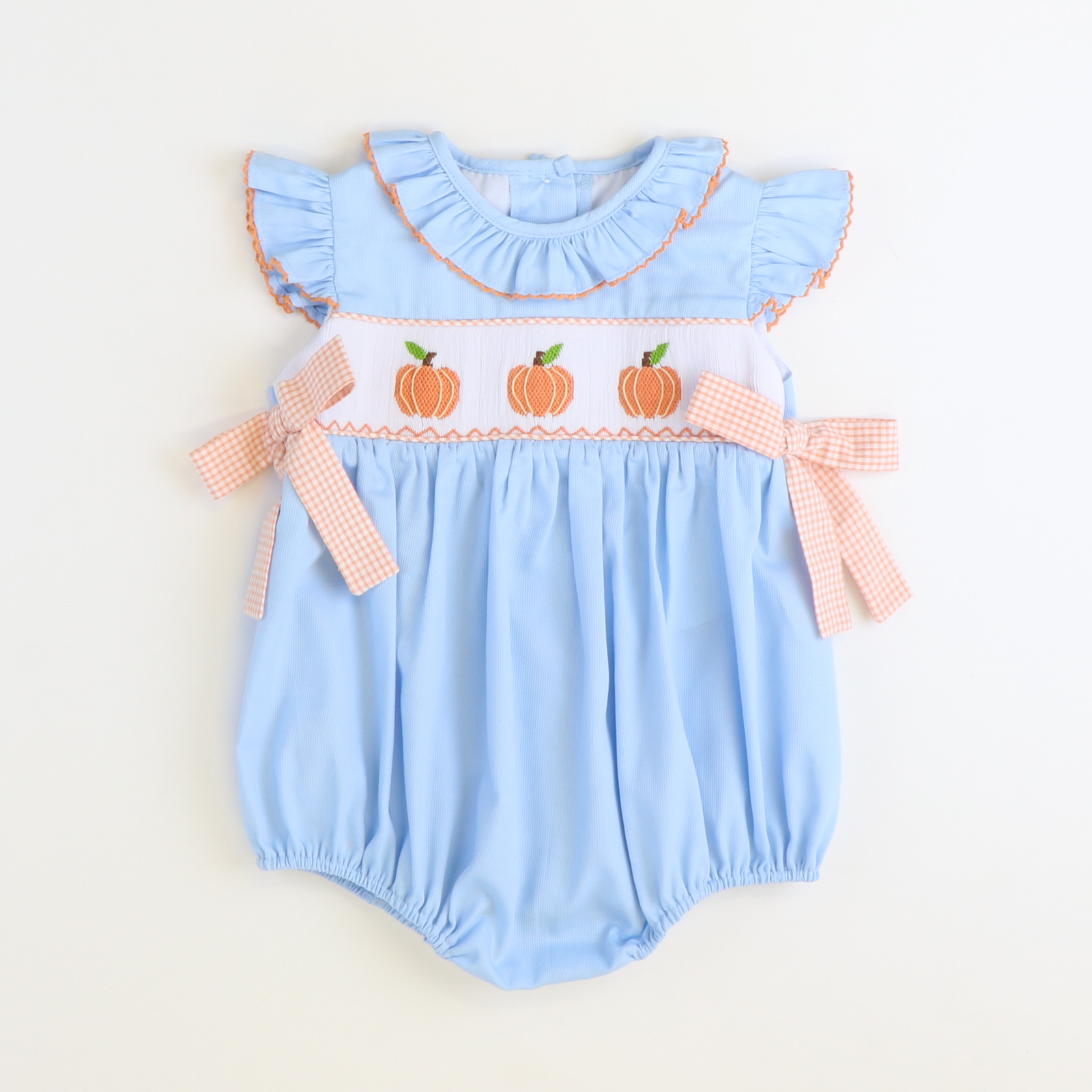 Smocked Pumpkins Ruffle Neck Girl Bubble - Light Blue Pique - Stellybelly