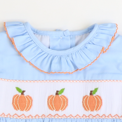 Smocked Pumpkins Ruffle Neck Dress - Light Blue Pique - Stellybelly