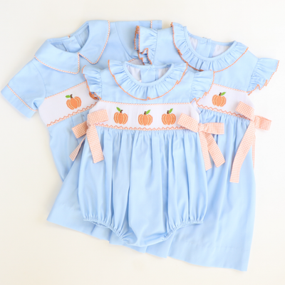 Smocked Pumpkins Ruffle Neck Girl Bubble - Light Blue Pique - Stellybelly