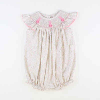 Smocked Cottontail Bunnies Girl Bubble - Pink Floral