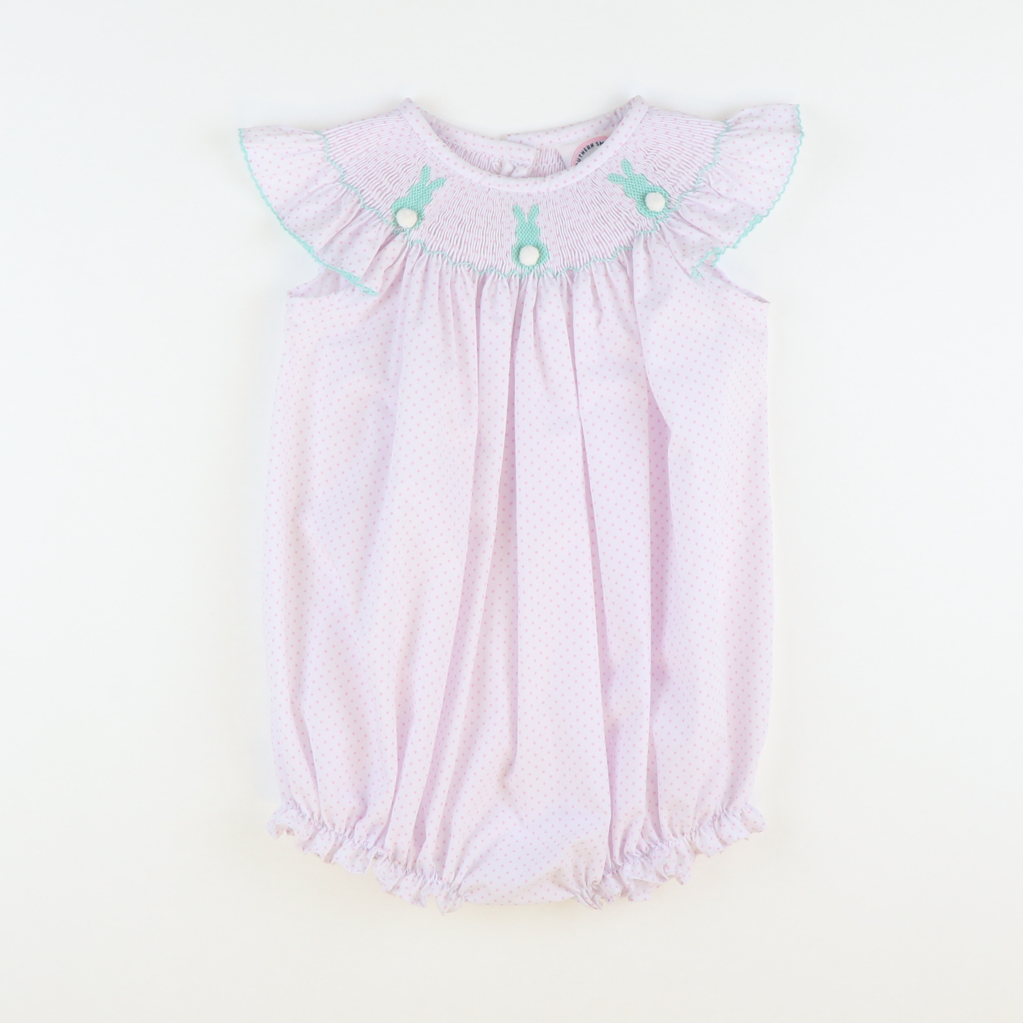 Smocked Cottontail Bunnies Girl Bubble - Light Pink Tiny Dot