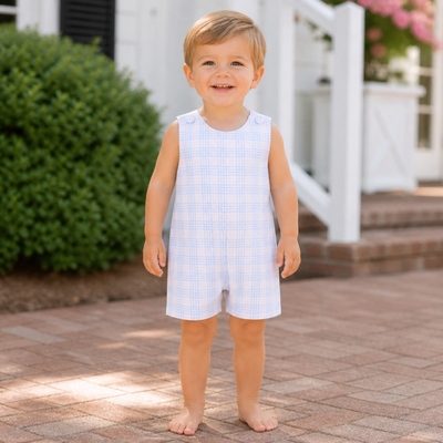 Sunday Brunch Shortall - Blue & Pink Plaid Seersucker - Southern Smocked Co.