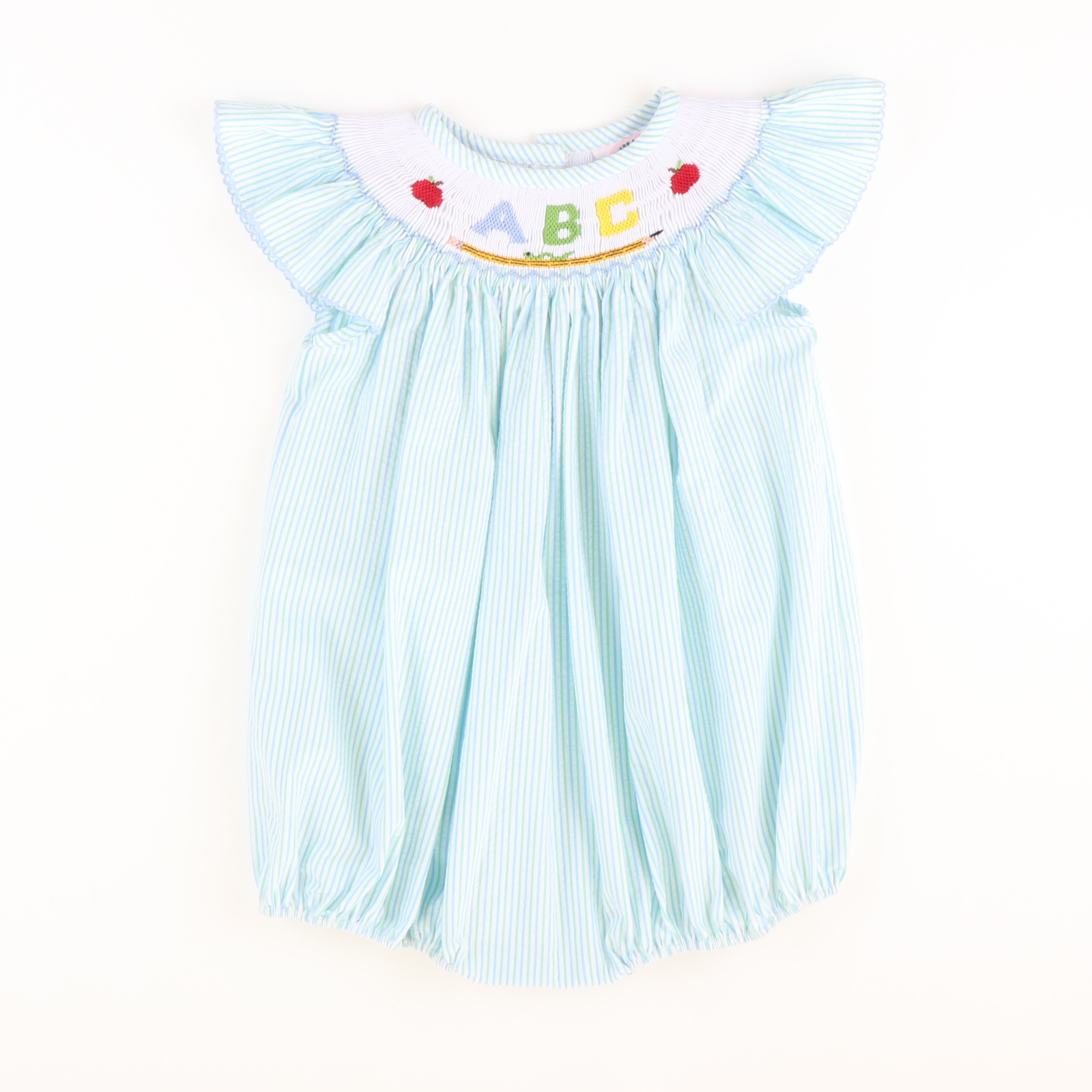 Smocked ABC & Apples Girl Bubble - Mint & Light Blue Stripe Seersucker