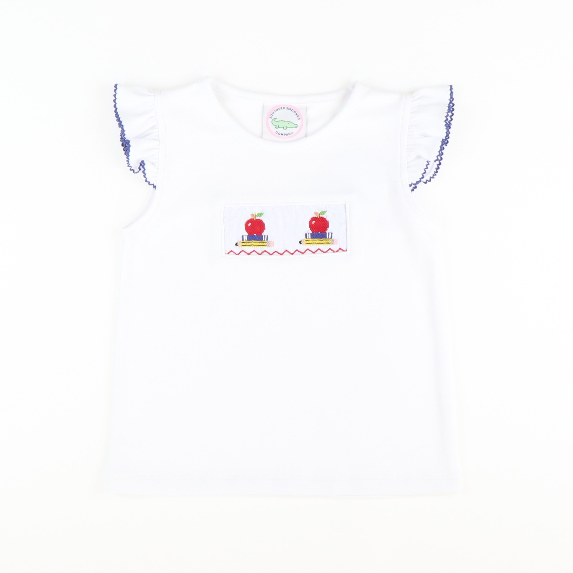 Smocked Apples & Books White Knit Top