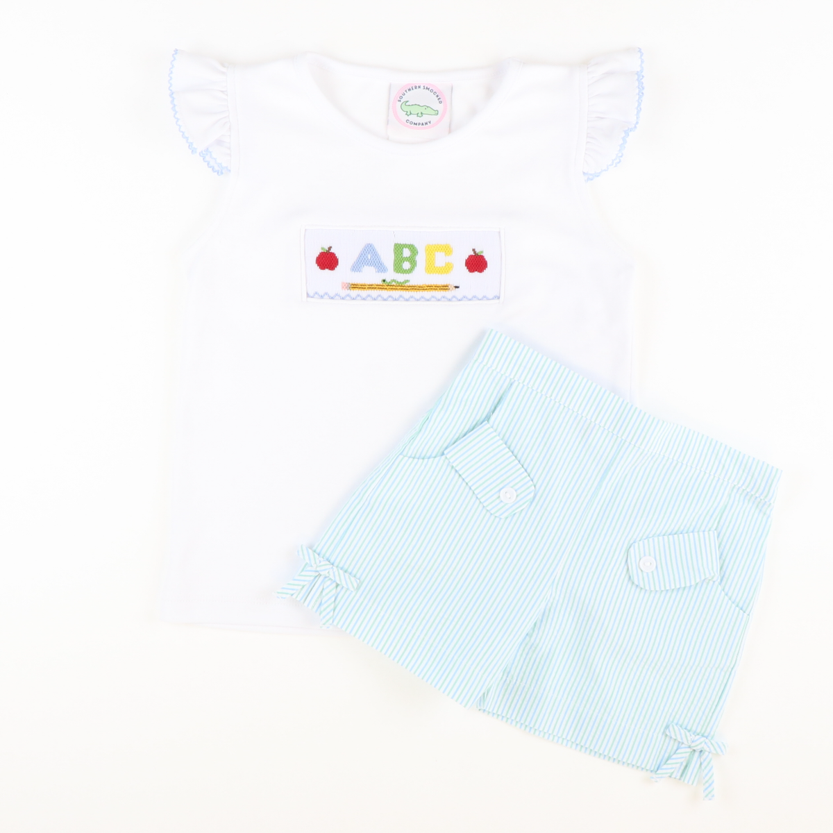 Bow Shorts - Light Blue & Mint Stripe Seersucker - Stellybelly
