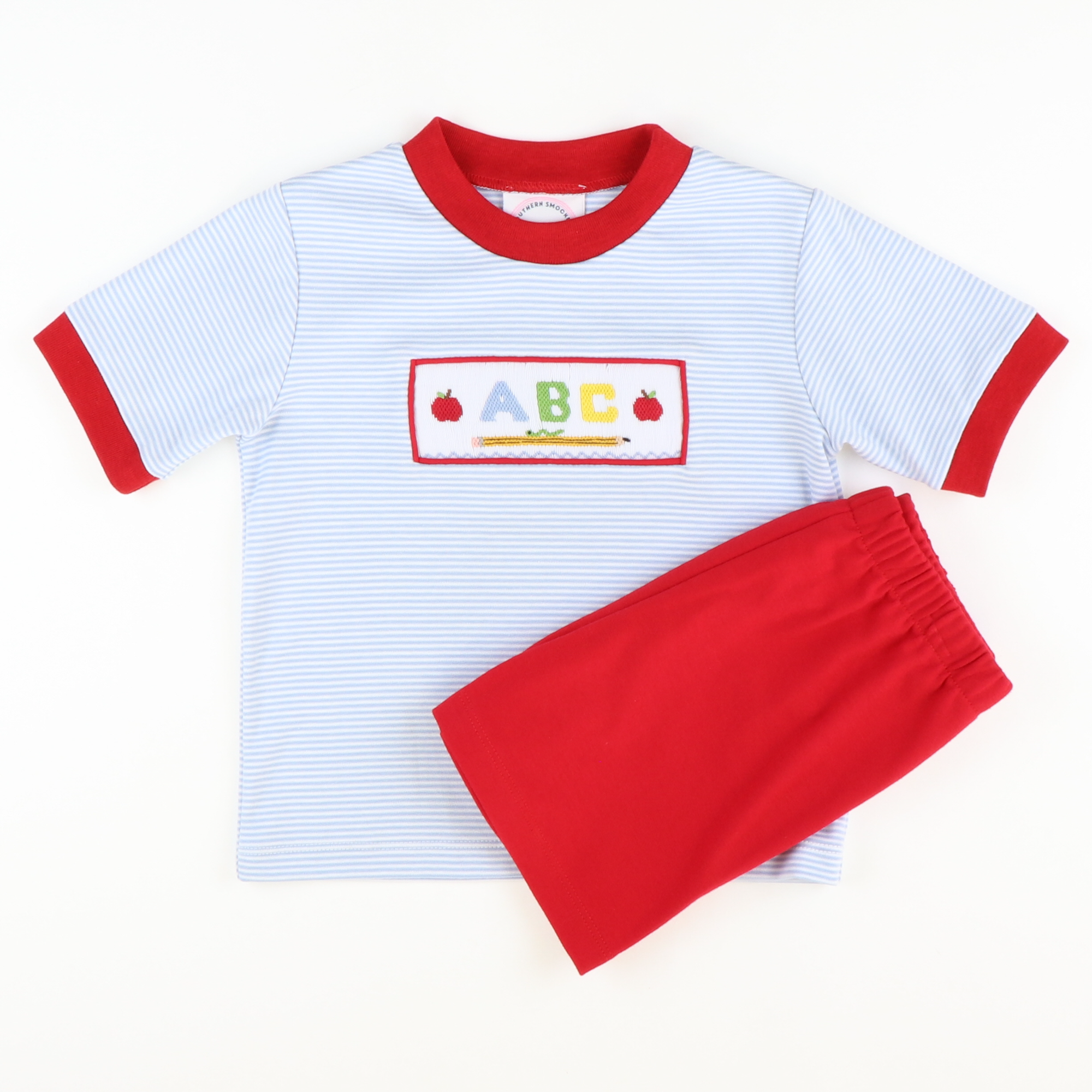 Smocked ABC & Apples Knit Shirt & Shorts Set - Light Blue Stripe & Red Knit