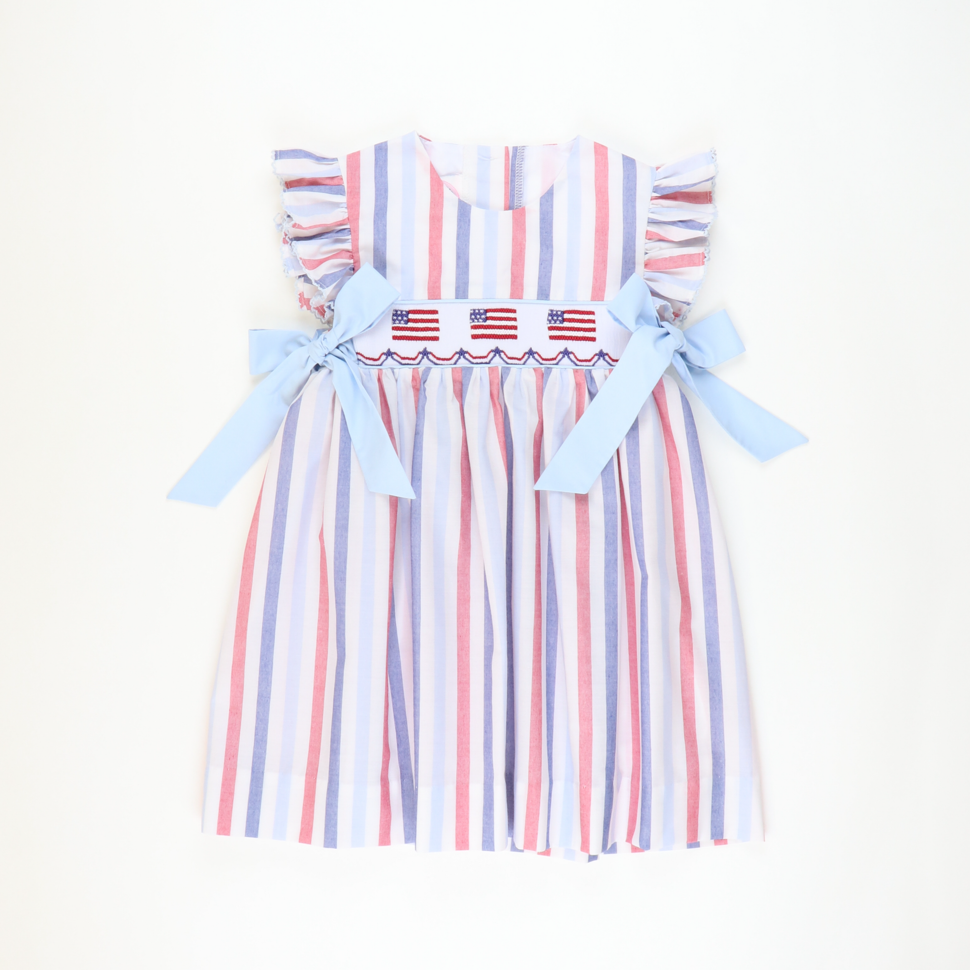 Smocked Flags Bow Dress - Patriotic Wide Stripe