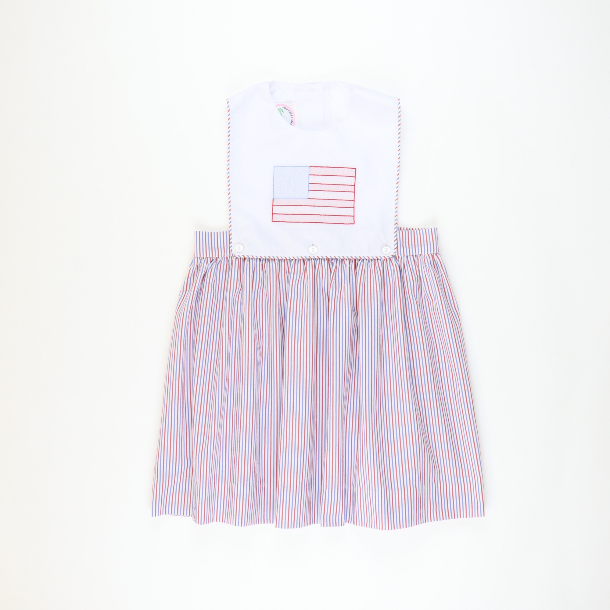 Americana Embroidered Flag Dress - Patriotic Stripe Seersucker