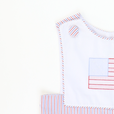 Americana Embroidered Flag Shortall - Patriotic Stripe Seersucker