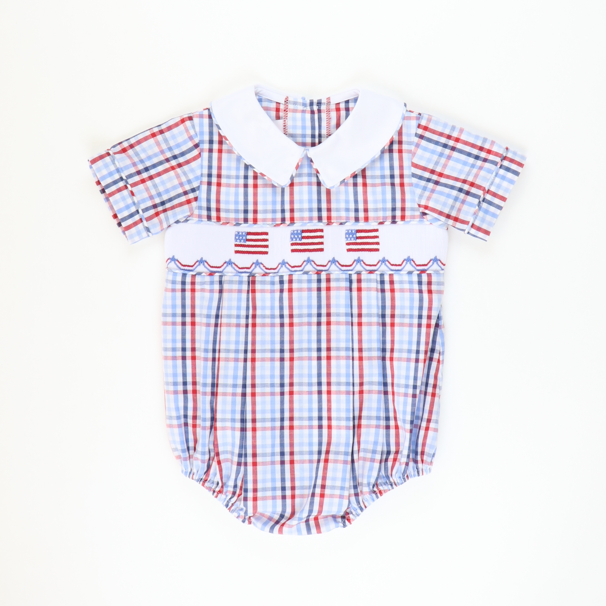 Smocked Flags Collared Boy Bubble - Patriotic Plaid