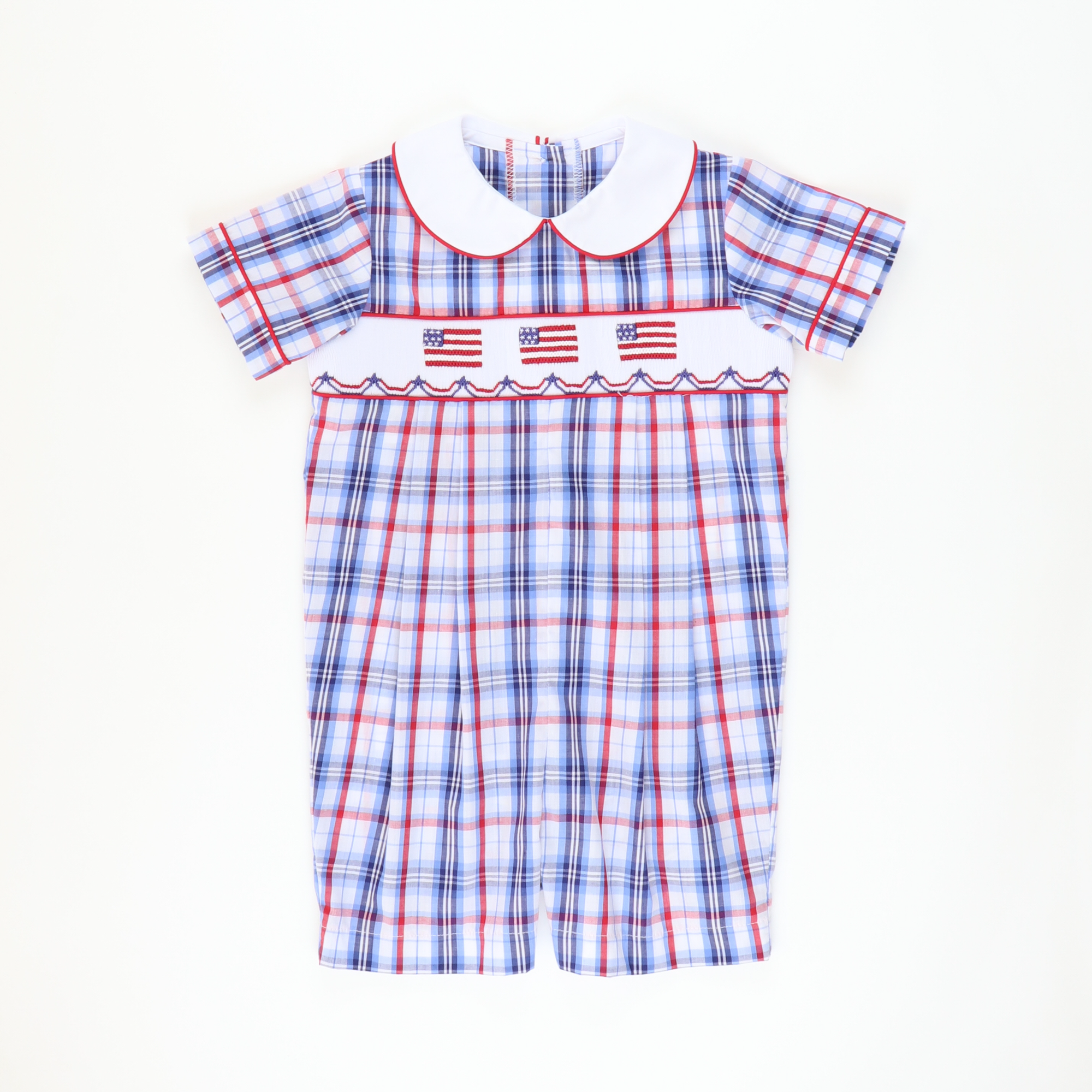 Smocked Flags Collared Boy Romper - Liberty Plaid