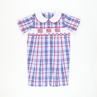 Smocked Flags Collared Boy Romper - Liberty Plaid - Stellybelly