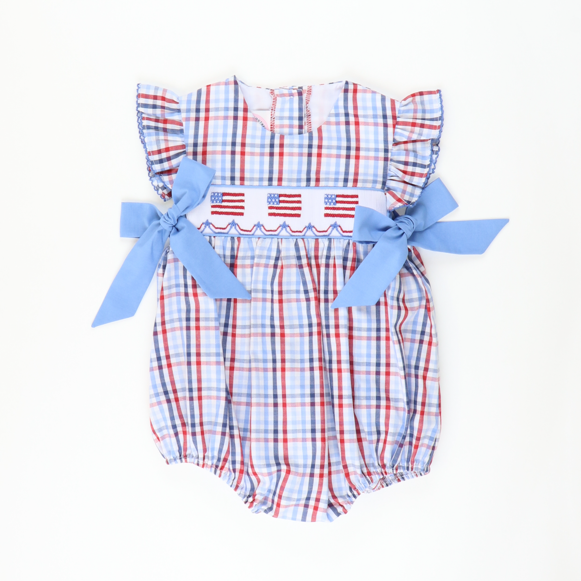 Smocked Flags Bow Girl Bubble - Patriotic Plaid
