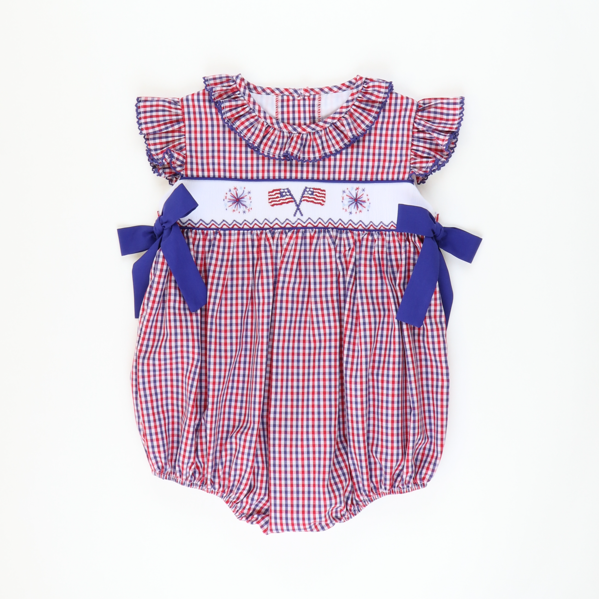 Smocked Flags & Fireworks Ruffle Neck Girl Bubble - Red & Blue Gingham
