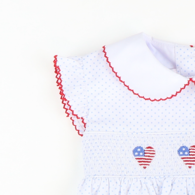 Smocked Patriotic Hearts Collared Girl Bubble - Light Blue Dot