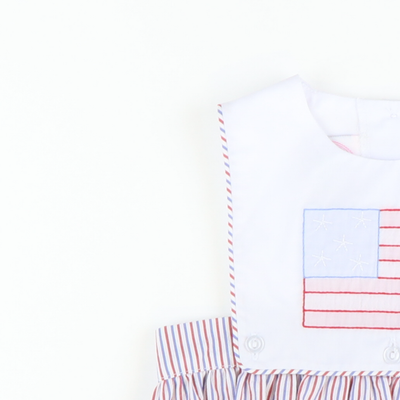 Americana Embroidered Flag Dress - Patriotic Stripe Seersucker