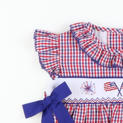 Smocked Flags & Fireworks Ruffle Neck Dress - Red & Blue Gingham