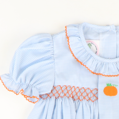 Embroidered Pumpkin Geo Girl Bubble - Light Blue Mini Gingham - Stellybelly