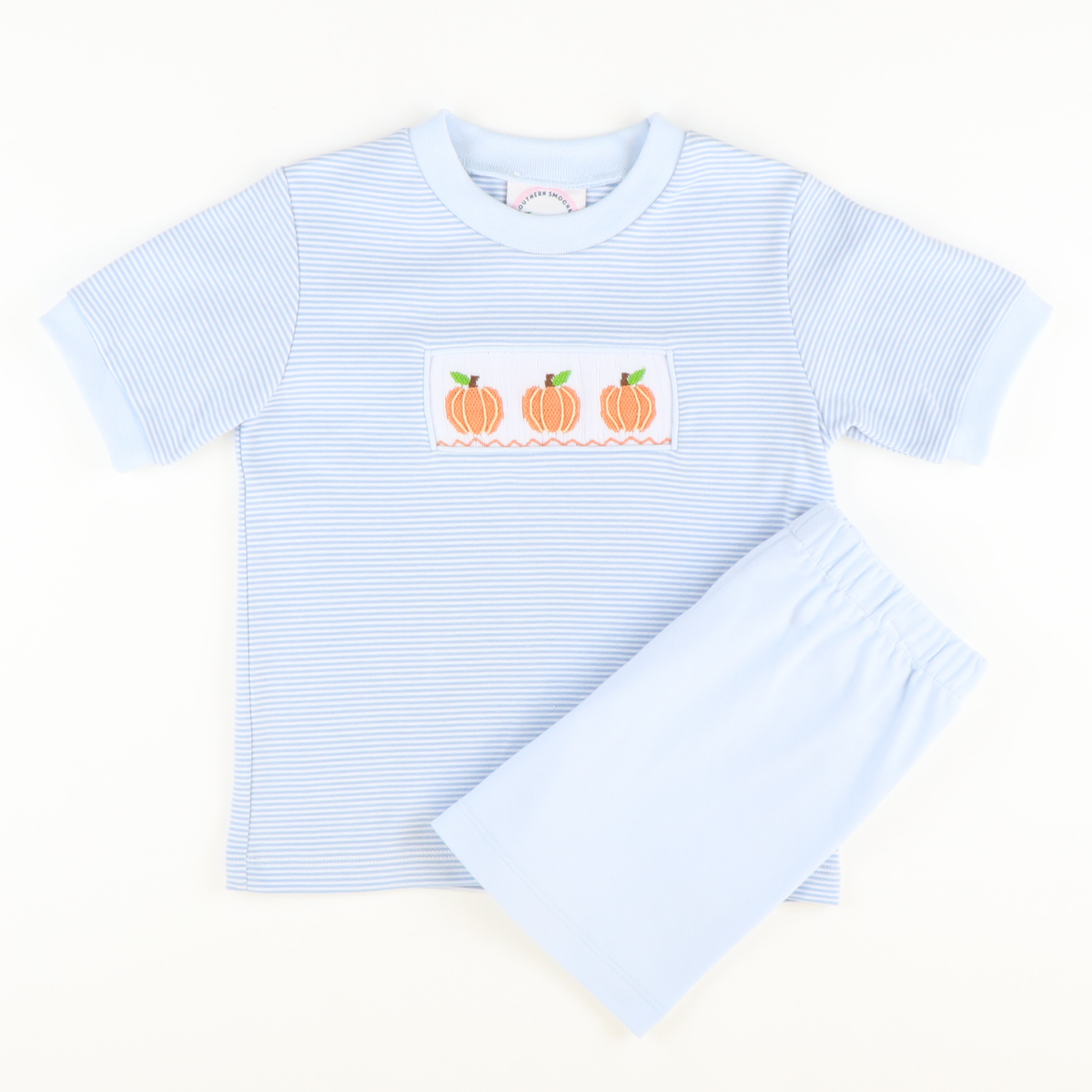 Smocked Classic Pumpkins  Knit Shirt & Shorts Set - Light Blue Micro Stripe & Light Blue Knit