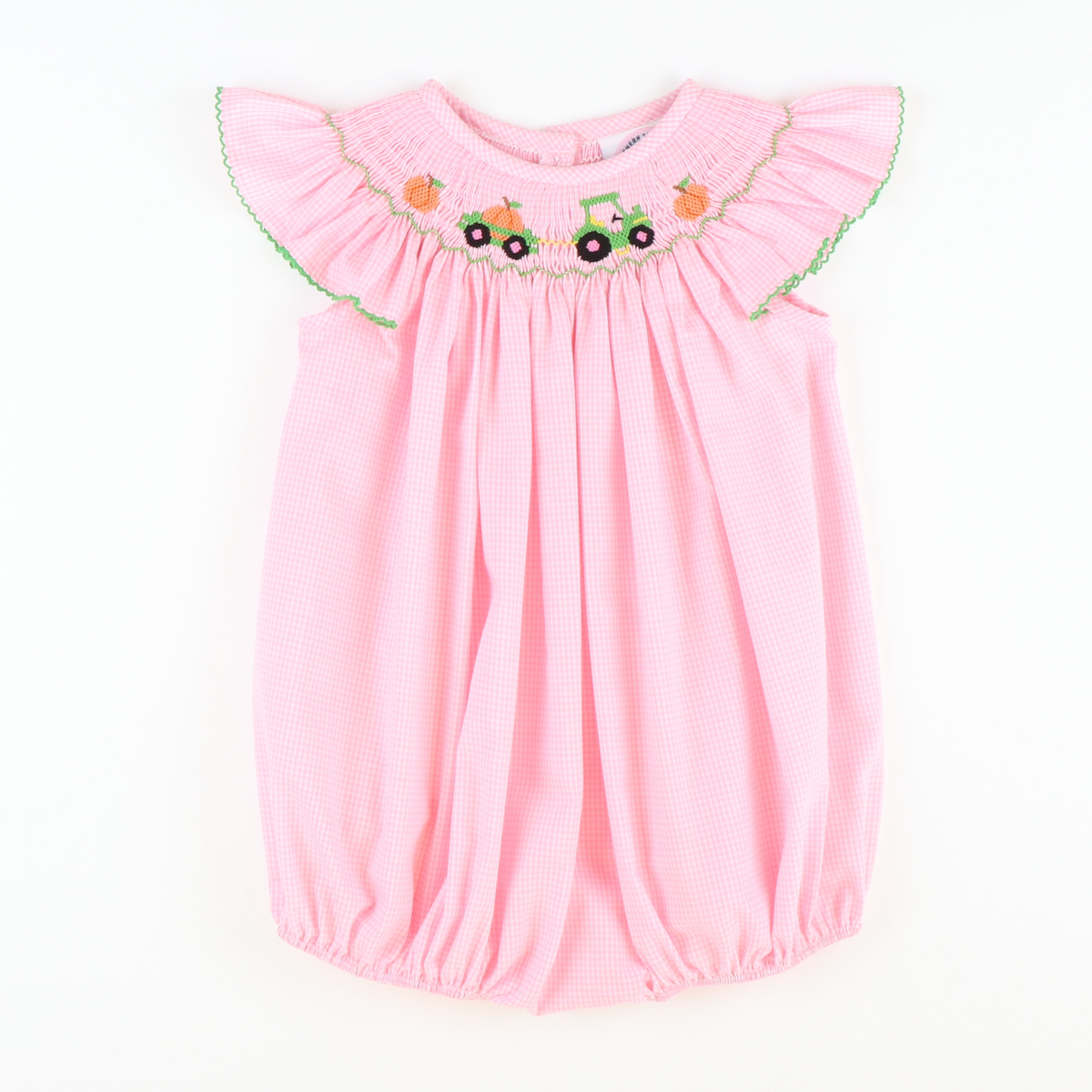 Smocked Pumpkin Tractor Girl Bubble - Pink Mini Check Seersucker