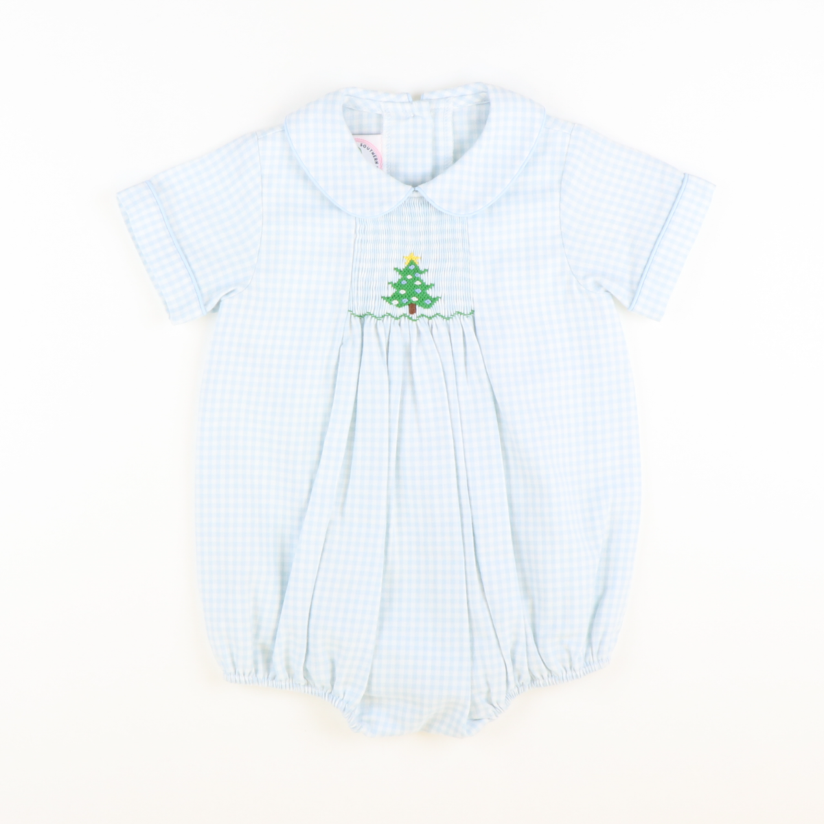 Smocked Christmas Tree Collared Boy Bubble - Light Blue Check Flannel