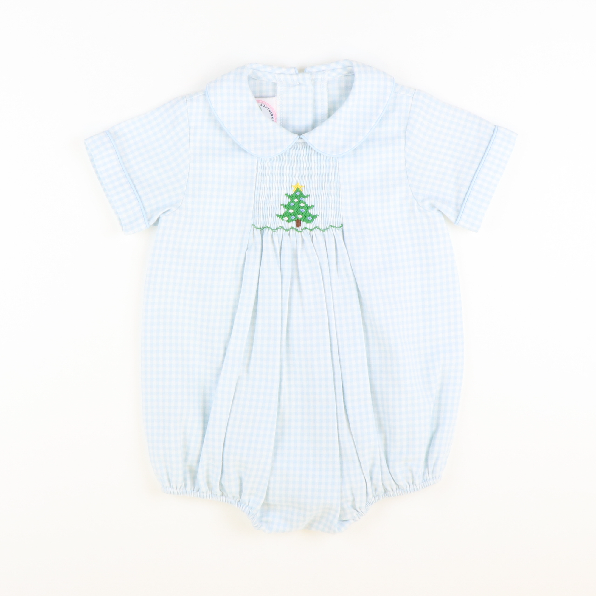 Smocked Christmas Tree Collared Boy Bubble - Light Blue Check Flannel