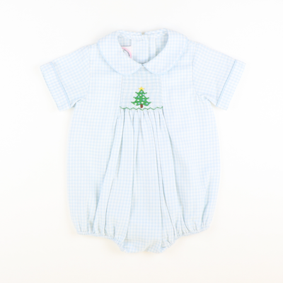 Smocked Christmas Tree Collared Boy Bubble - Light Blue Check Flannel