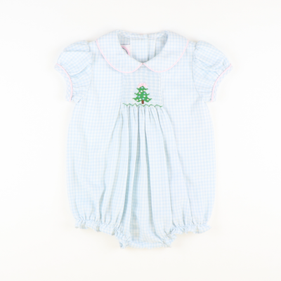 Smocked Christmas Tree Collared Girl Bubble - Light Blue Check Flannel