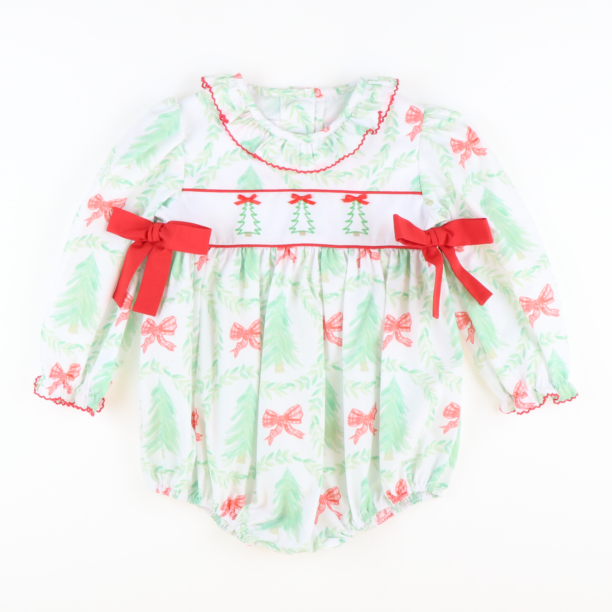 Embroidered Heirloom Christmas Trees Ruffle Girl Bubble