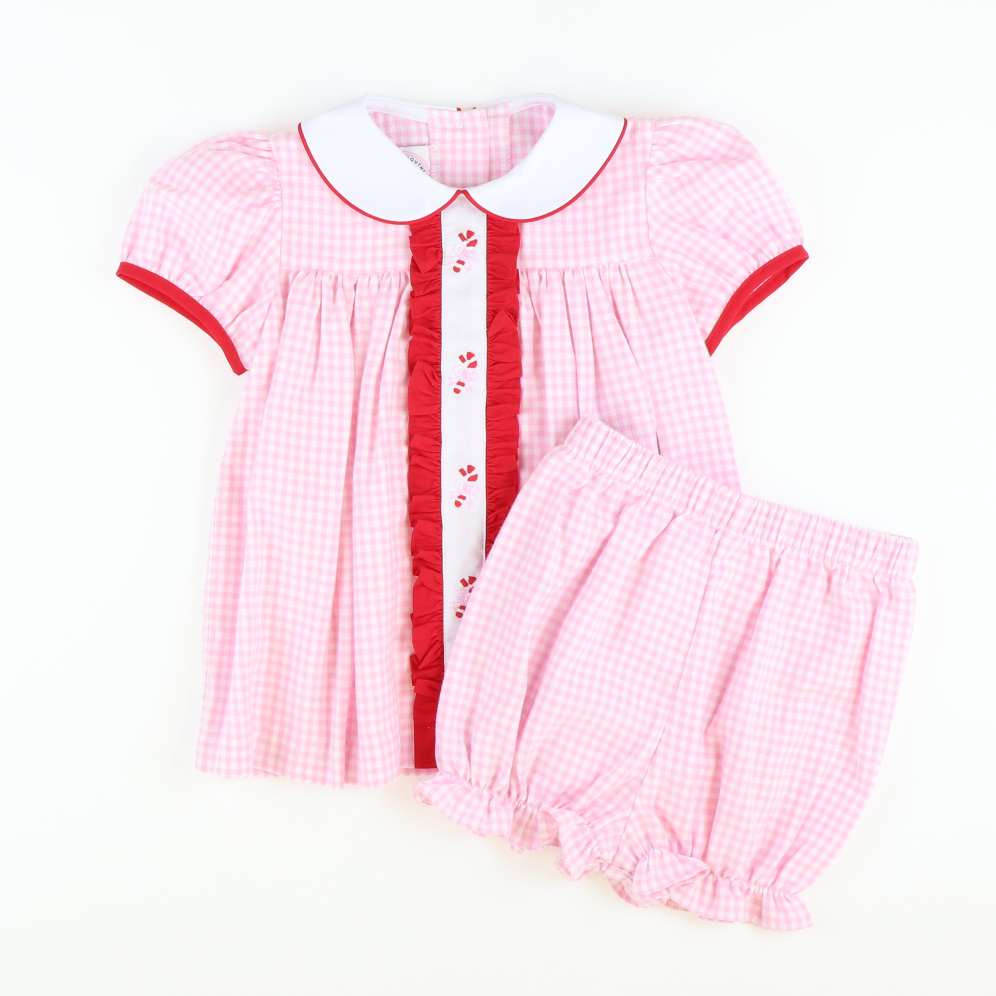 Embroidered Candy Canes Collared Top & Bloomer Set- Light Pink Flannel