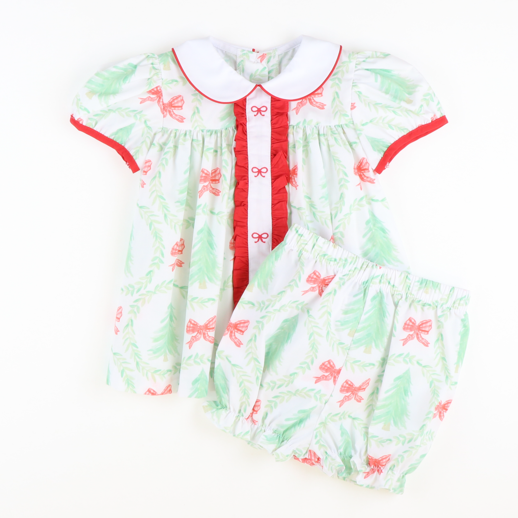 Embroidered Bows Collared Top & Bloomer Set- Heirloom Christmas Trees