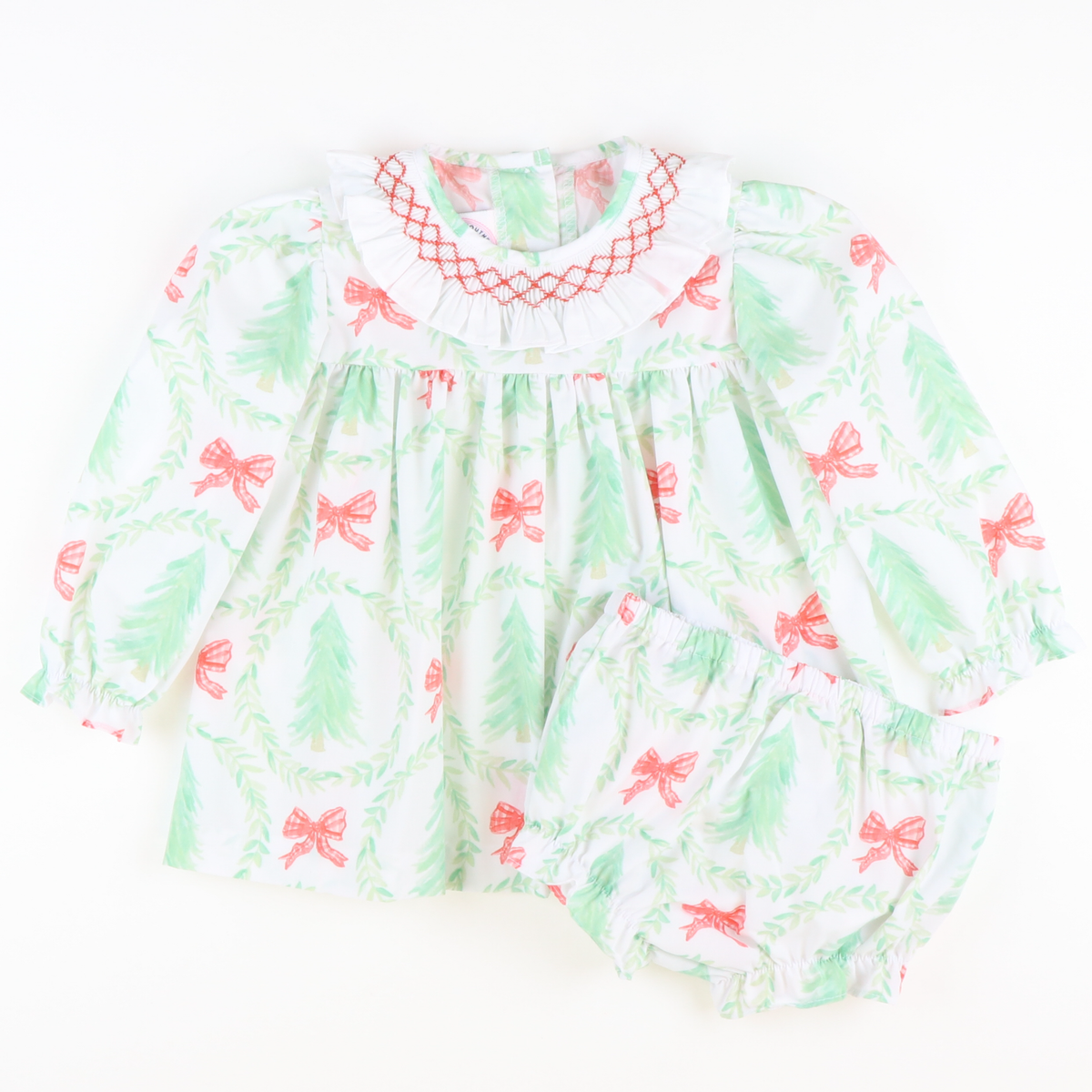 Smocked Heirloom Christmas Trees Ruffle Neck Top & Bloomer Set