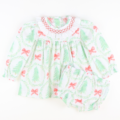 Smocked Heirloom Christmas Trees Ruffle Neck Top & Bloomer Set